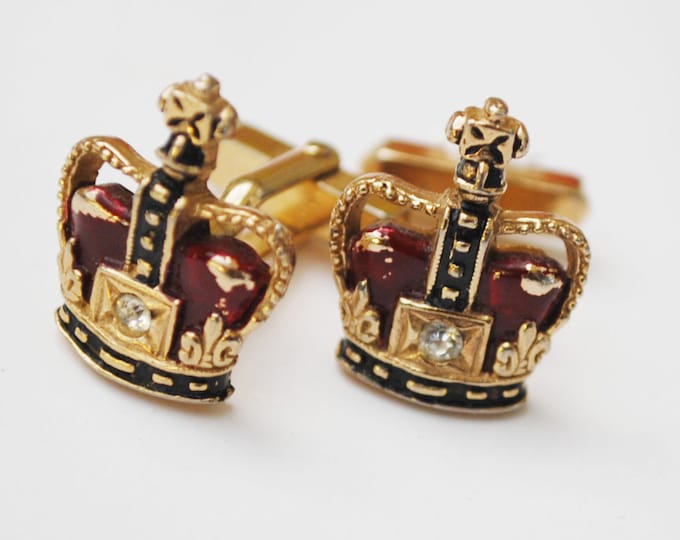 Swank Crown Cuff links - Red clear Rhinestone - Gold - Heraldic -Cufflinks