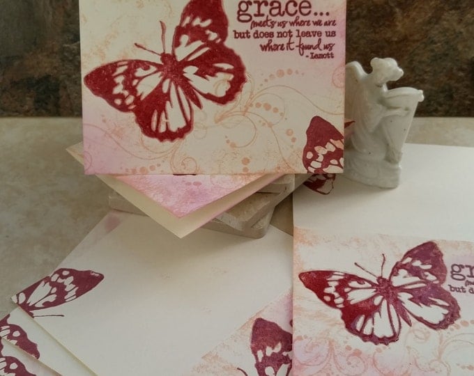 5 Christian Notecards, Handmade, GRACE meets us where..., Lemott quote, FLAT CARDS, Butterfly Heat Emboss, Handmade cards, elegant #472