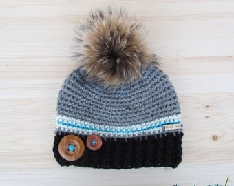 Rustik hat. gray, black, turquoise and cream woman crochet winter hat with buttons and fur pompom by Akroche Tatuk (made to order)