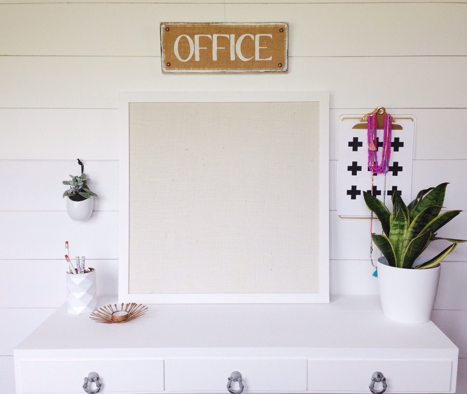 Square White Framed Burlap Bulletin Board Memo Board Office