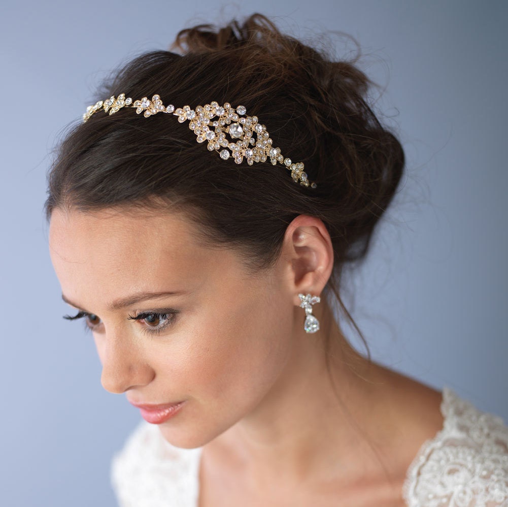 Gold Bridal Headband Bridal Hair Accessory Rhinestone Bridal