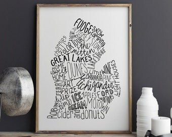 State of Michigan Lower Peninsula Typography Print; Christmas; Wall Decor; Wall Art; Wedding Anniversary Engagement Graduation Gift Decor