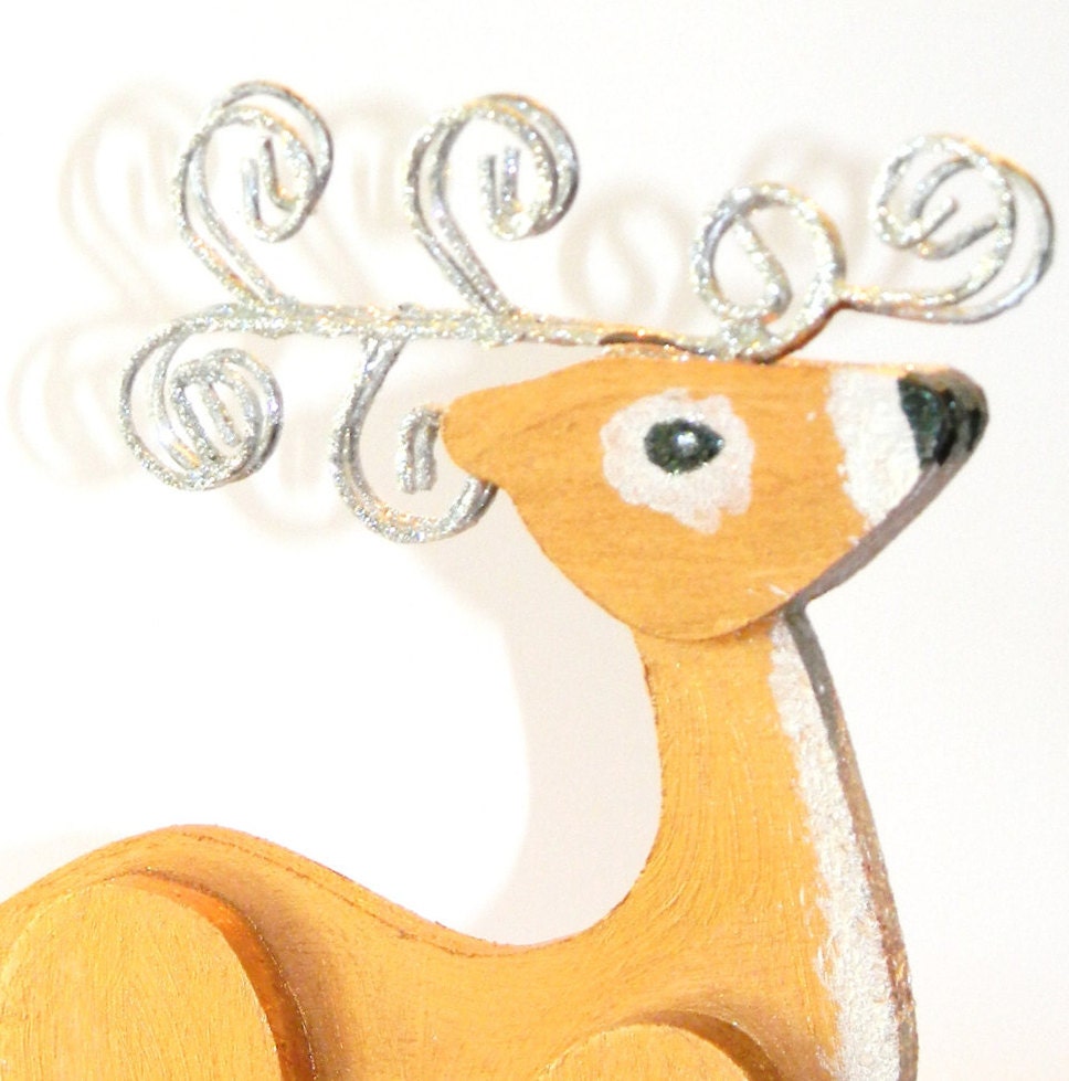 Painted Wood Reindeer on Antiquted Bronze Stocking Holder