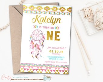 Tribal Birthday Invitation, Tribal Invitation, Dreamcatcher Birthday Invitation, Dreamcatcher Invitation, 1st Birthday Invitation, Aztec