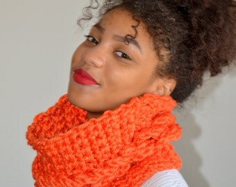 Orange faux Cable Cowl/ Orange Neck Warmer/ Crochet Cowl/ Snood Scarf/ Winter Fashion Cowl/ Tunnel Scarf/ Gift for Her/ Faux Cable Cowl