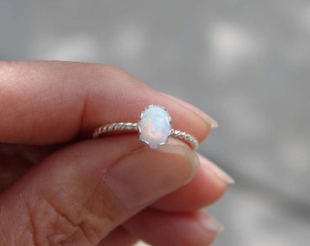 October Birthday ~ Opal Ring ~ Ready to Ship ~ Small Oval Opal Ring ~ Sterling Silver Twisted Ring ~ Gift for Her