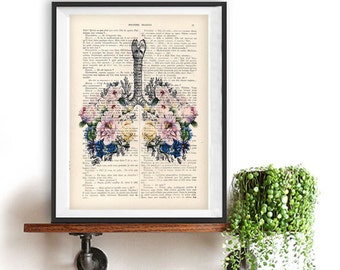 Botanic Bouqeut Flowers Lungs Anatomy Print 1900 vintage floral page, Doctor gift, Anatomy Illustration, human anatomy art, science drawing