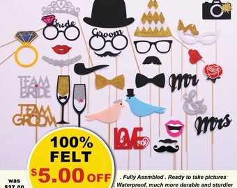 Wedding Photobooth props 30 piece set. FELT and GLITTER Wedding party photobooth props, Glitter Wedding Decorations