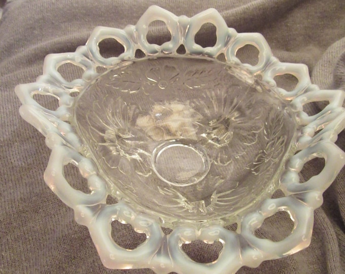 Tri point candy/nut dish, Northwood clear depression glass, opalescent, white open work edge, daisy & plume design, Mother's Day gift