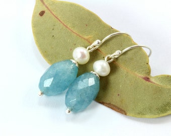 Blue Quartz Sterling Silver Earrings, Aquamarine Quartz Earrings, Silver Jewelry, Silver Earrings, Silver Dangle Earrings, Pearl Earrings