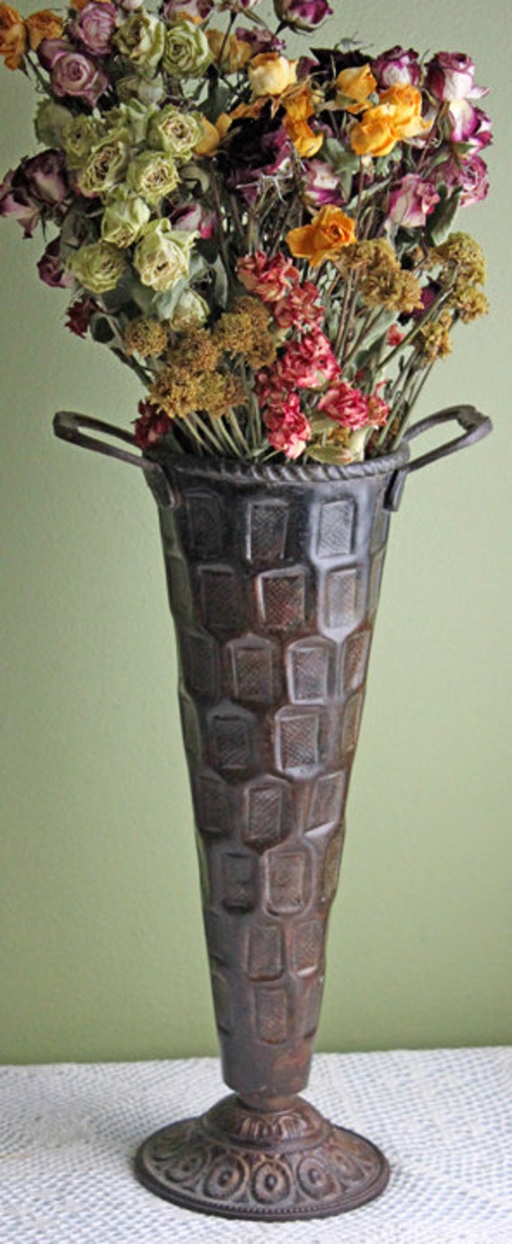 Vase. Tall Metal Vase with Handles. Vintage Rustic Metal