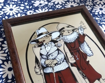 Big eyed flapper couple The Big Shot screen print mirror - framed Art Deco revival wall art - French 70s vintage