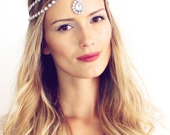 Bella Bridal Head Chain Rhinestone Hair Jewelry Head Jewelry Bridal Hair Piece for the Bride Silver Head Chain Bohemian Bridal Hair Jewelry
