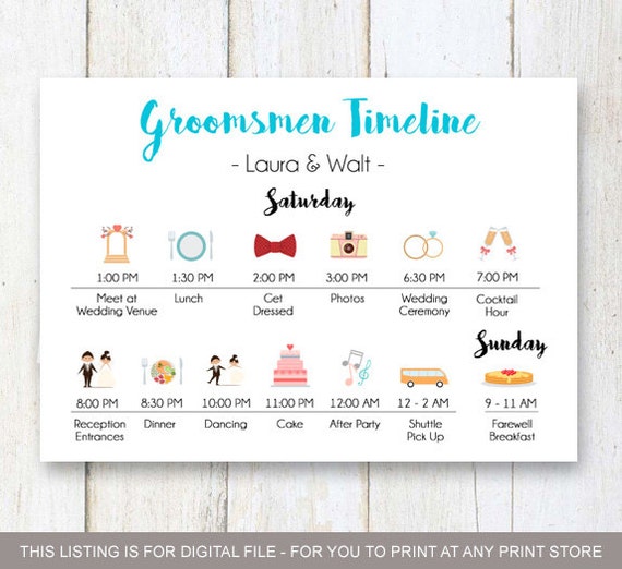 Custom Aqua Groomsmen timeline program Wedding Timeline