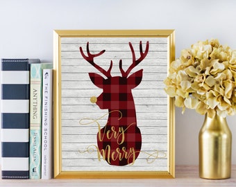Christmas Decor - Very Merry - Buffalo Plaid - Christmas Deer - Christmas Decorations - Christmas Print - Christmas art - Rustic Christmas