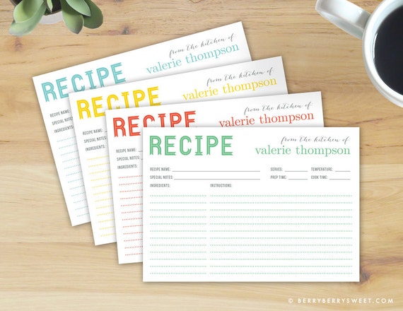 Personalized Recipe Cards Set of 4 Modern and Bright Colors