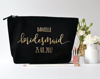 Modern Calligraphy Black Personalised Bridesmaid Gift Make Up Bag