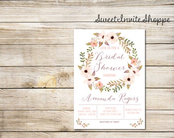 Floral Wreath Bridal Shower Invitation, Watercolor Boho Flowers Invitation, Anemone Flowers Bridal Shower Invitation, Floral Invitation