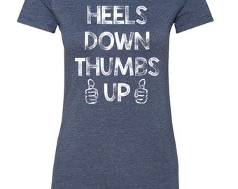 Heels Down Thumbs Up Horse Shirt, Fitted Navy Blue Tee, Women Ladies Horse Trainer Equestrian Clothing Equitation Funny Riding Shirt