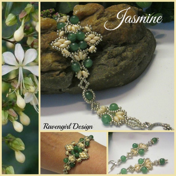 JASMINE Beaded Superduo Bracelet Aventurine Stones Green