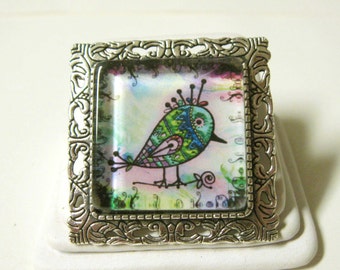 Artsy bird convertible pendant or brooch with chain - BAP35-004