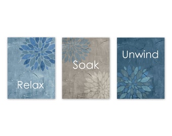 Bathroom Wall Art Relax Soak Unwind Home Decor Bathroom Wall Decor Bathroom Pictures Set of 3 Botanical Prints Blue Grey