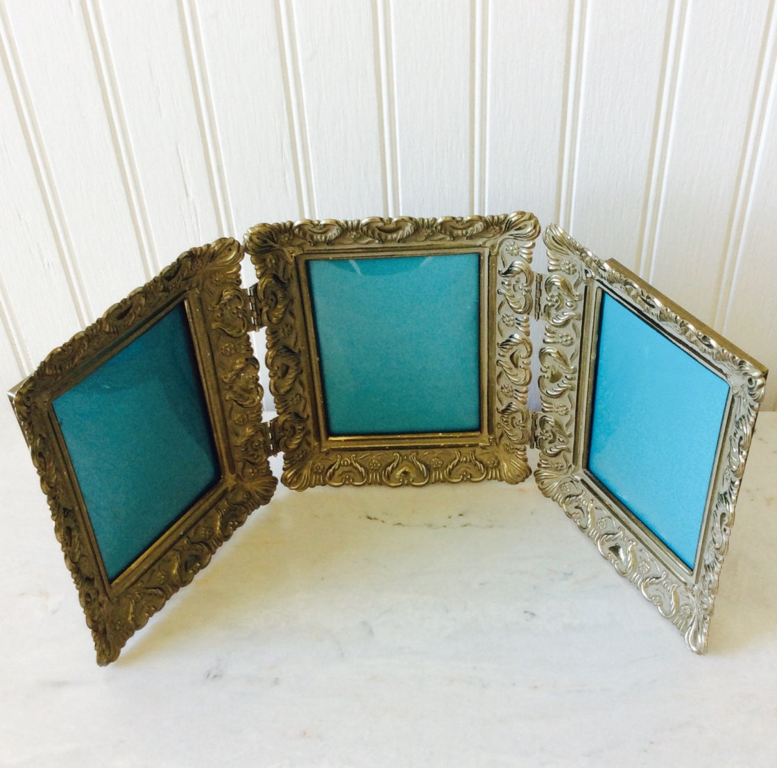 Vintage TriFold Gold Metal Ornate Hinged Picture Frames