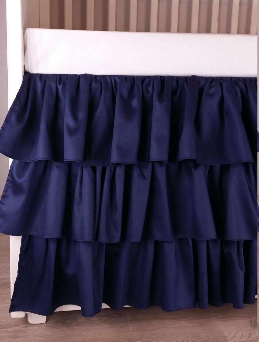Crib Skirt Ruffle Three Tier Navy Blue Baby Bedding