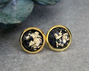 Black Stud Earrings, Black Earrings, Gold Stud Earring, Gold Earring, Black Post Earring, Gold Glitter Earring, Black and Gold Earring, 10MM