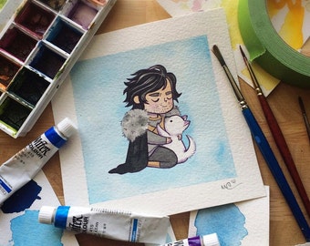Jon Snow and Ghost Game of Thrones Watercolor Print by Michelle Coffee
