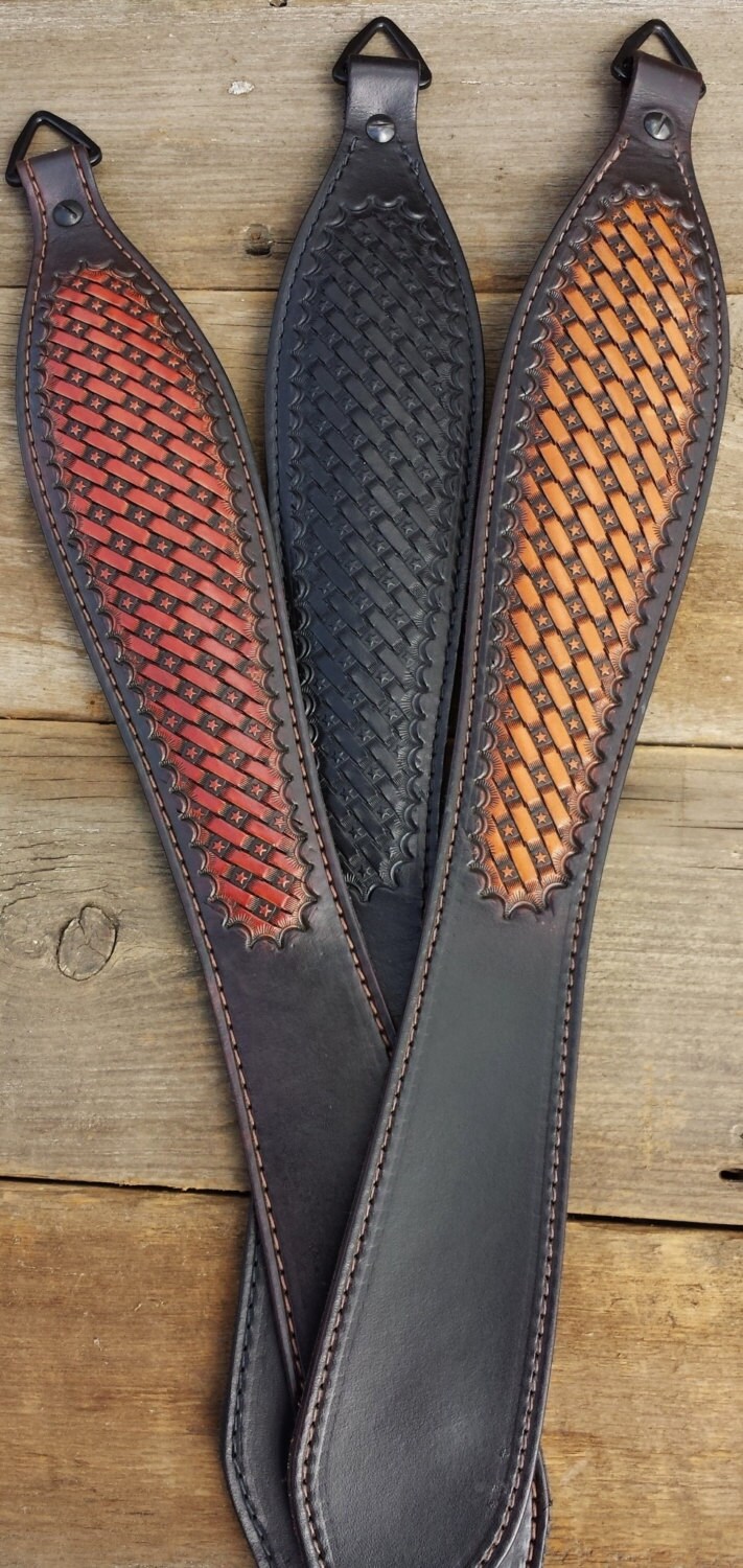 Hand Tooled Leather Rifle Sling Star Basket Weave Pattern