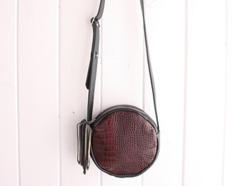 Round Cross-Body Bag in Black + Embossed Alligator