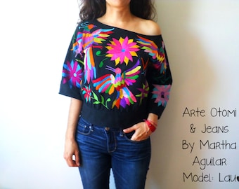 MADE TO ORDER Beautiful Otomi Blouse Hand embroidered by #Otomi women. Black blouse multicolor embroidery. Model "M’üi" or "Life" in Otomí