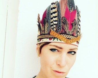 LANA - Handmade Bohemian Headdress, Feather Headpiece, Feather Headband, Ibiza, Burning man, Festival Accessories, Tribal, Native American