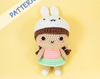 Girl with Bunny Hat Amigurumi Pattern -- amigurumi doll pattern, crochet doll pattern, doll crochet pattern
