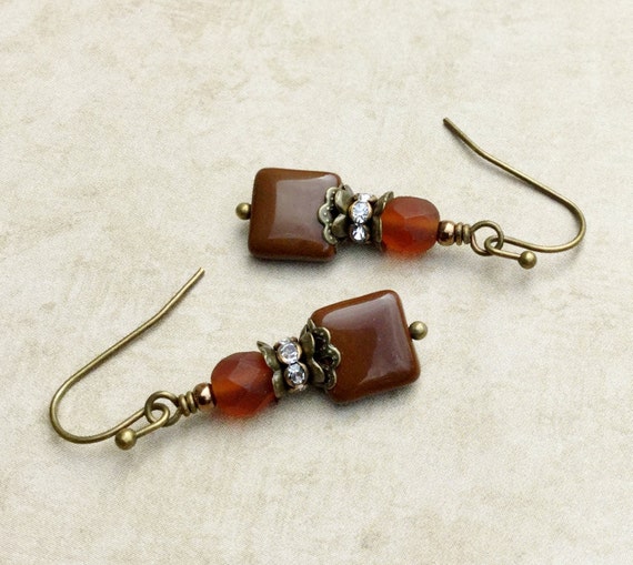 Brown Earrings Victorian Earrings Antique Gold by SmockandStone