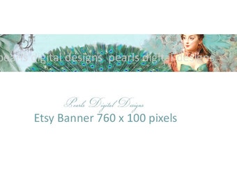 Etsy shop banner, Peacock Garden, instant download, blank file, aqua feathers, vintage theme, ribbon, lady