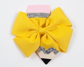 Pencil Hair Bow, Back to School Hair Bow, Pencil Hair Clip, School Hair Bow, Yellow Hair Bow, Pencil Bow, Girls Hair Bow (Item #10144)