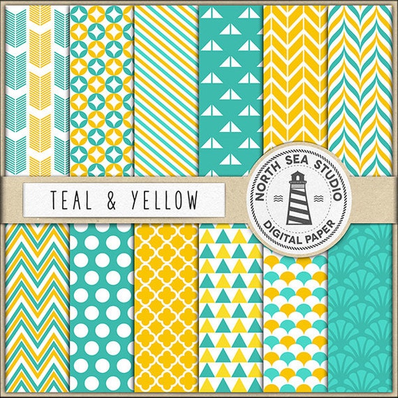 Teal And Yellow Digital Paper Pack Scrapbook Paper Printable