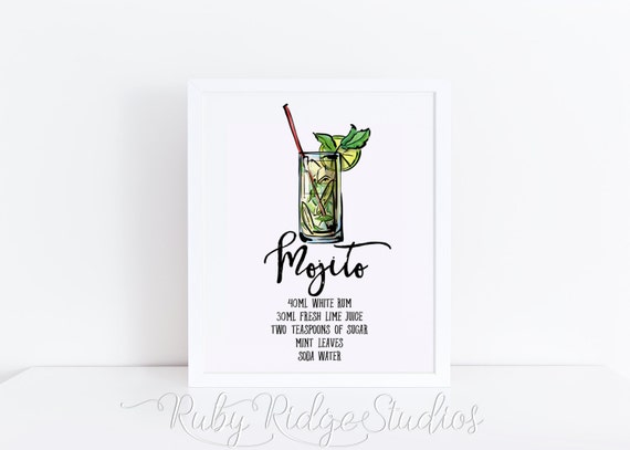 Cocktail Wall Art Print Mojito Recipe Wall Art Bar Art 