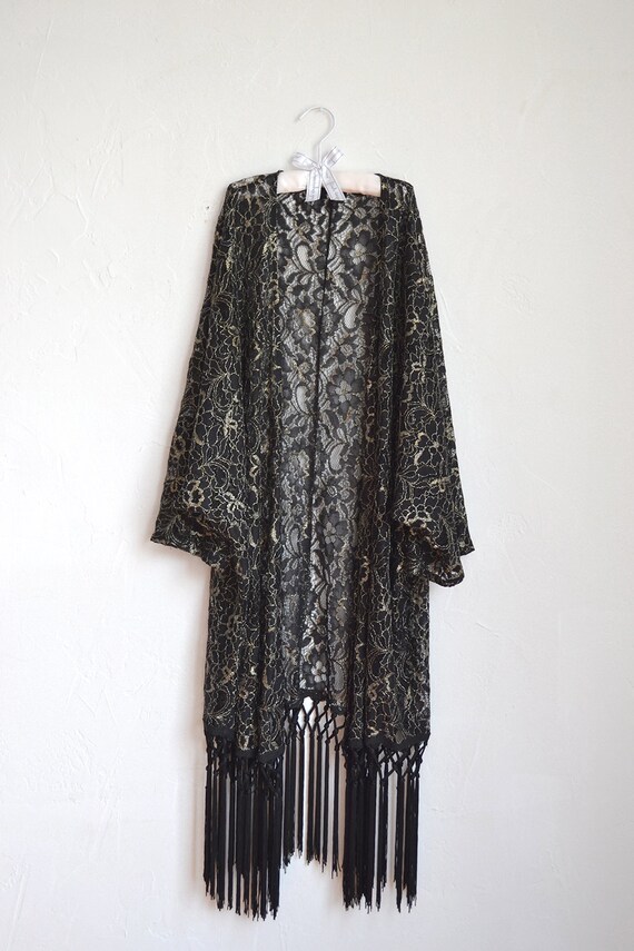 Black and Gold Lace Kimono with Black Fringe