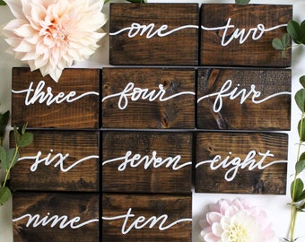 Calligraphy Wood Table Numbers / Double Sided / Hand Painted Table Numbers / Rustic Table Numbers