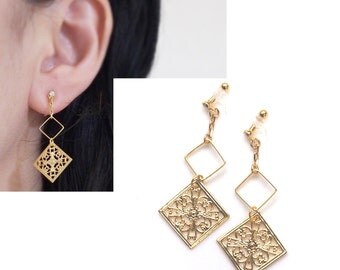 Gold Invisible Clip On Earrings,Dangle Clip Earrings, Comfortable Cilp-on, Non Pierced Earrings, Square Filigree Clip on