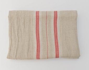 Red Stripe French Country Natural Linen Tablecloth