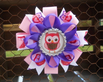 Owl bow, owls, handmade girls pink and purple loopy spiked stacked hair bow