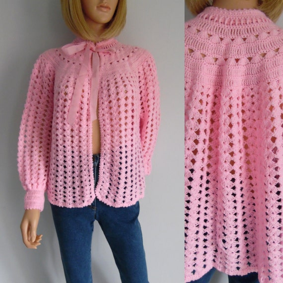 Pink bed jacket crocheted wool cardigan french vintage bed