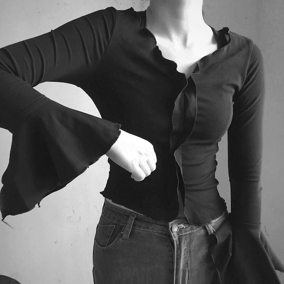 Sexy Punk Rock Gothic Goth Off Shoulder Sexy Black Bell Long Sleeves Frill Slim Blouse Top Black , Steampunk Gothic Clothing Rocker Chic by BlackLana steampunk buy now online