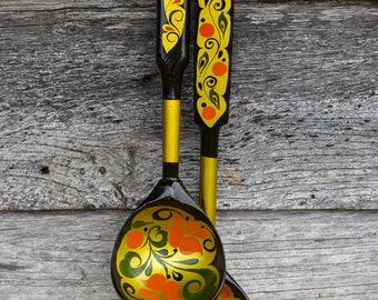 Painted Lacquered Wooden Spoons. Pair of French Vintage Folk Art Handpainted Decorative Ladles. Gypsy Boho Décor