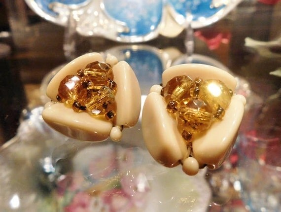 Clip On Earrings Mid Century West Germany 1950s 50s 1960s 60s Glass Crystal AB Aurora Borealis Earrings Amber Topaz Cream Beige Tan