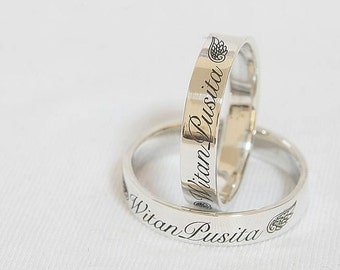Custom Personalized Ring, Couples Ring, Wanderlust Ring, Customized Gift, Engraved Ring, Custom Ring, Engraved Wedding Band, Angle Wing Ring